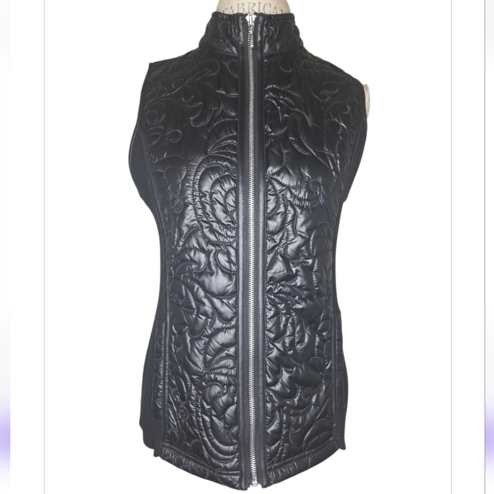 Chico's Collection Black Tone On Tone Embroidered Vest With Sweater Back Size 8